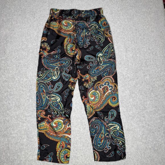 J Crew Pull On Silk Pants Womens 0 Black Paisley Ankle Casual Trousers - Picture 2 of 9